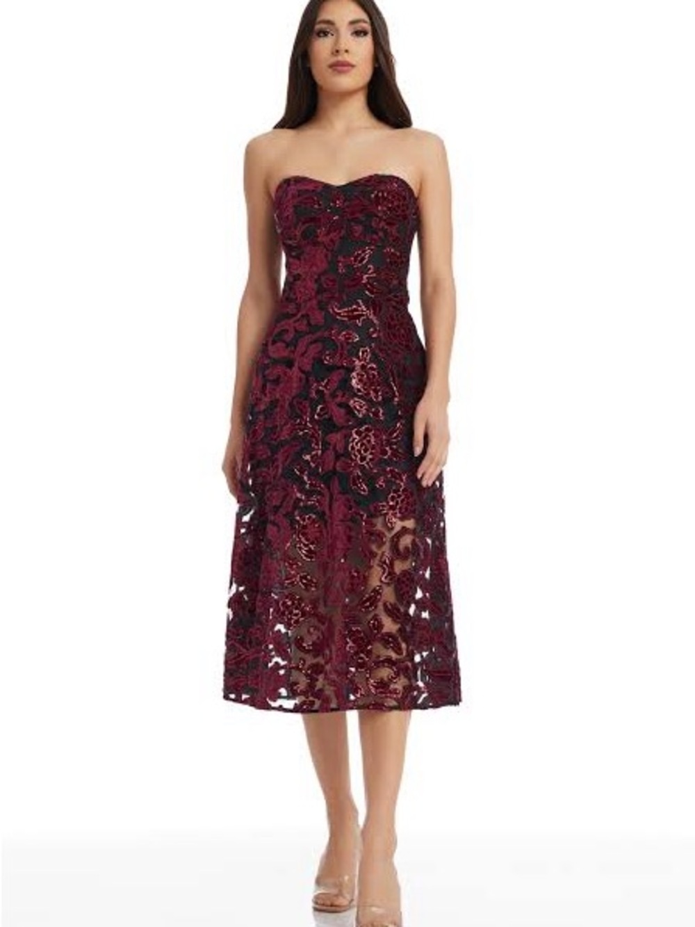 NWT Dress the Population Strapless Burgundy Sequin Midi Dress XS